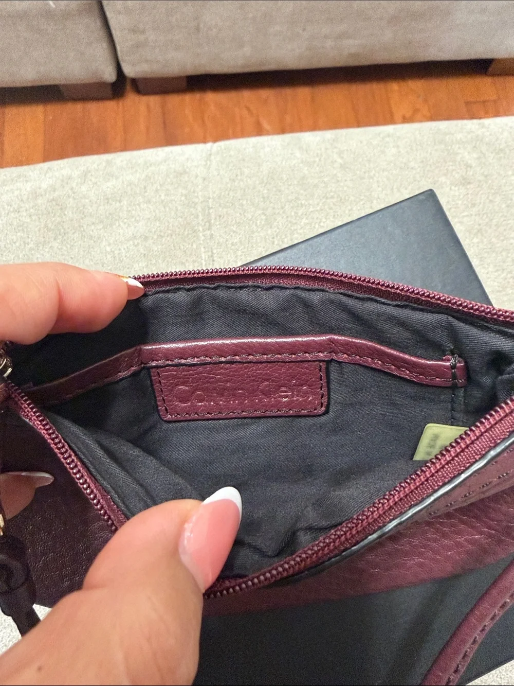 Calvin Klein Burgundy Leather Wristlet Clutch with Gold Accents